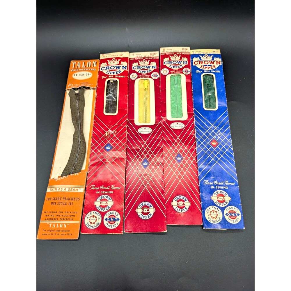 Vintage Crown Talon Zippers Lot of 5 NOS Original Packaging Sewing Notions
